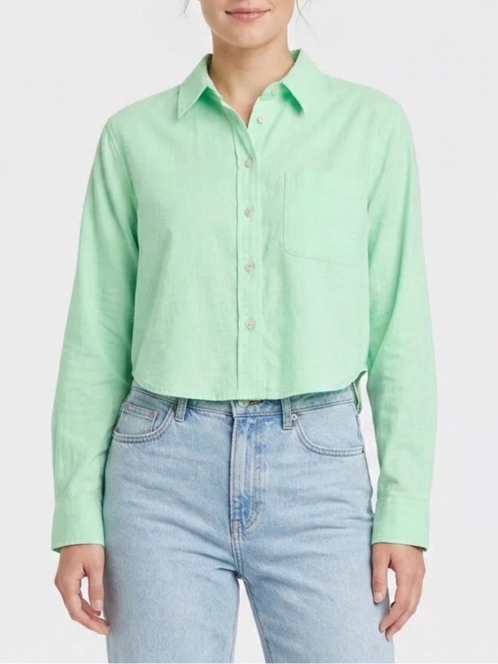 Universal Thread Light Green Cropped Cotton Linen Button Down Shirt Womens XS